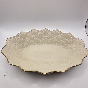 Lenox Oval Serving Dish Jacquard Cream 24k Gold Trim Edge Fluted 9.5"x6" New NOS